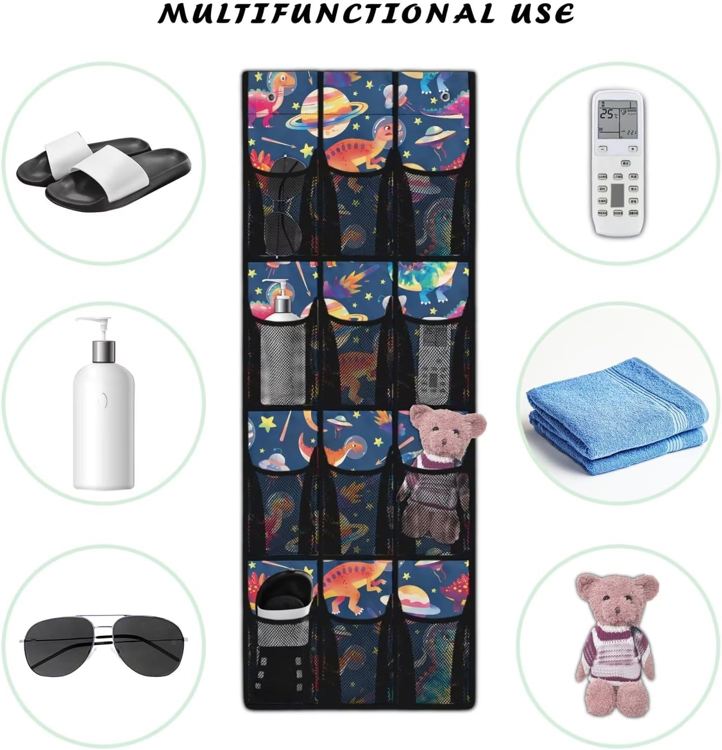 Dinosaurs Over the Door Shoe Organizer Space Saving Hanging Shoe Rack Holder with 12 Pockets Large Capacity Behind the Door Storage for Classrooms, Bedrooms, Dormitories