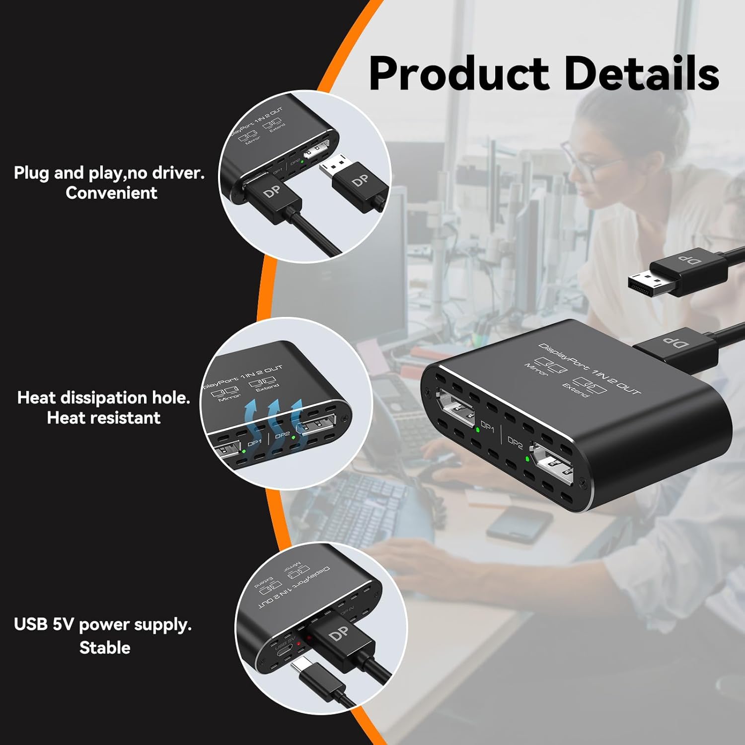 4K120Hz Dual DisplayPort Splitter for 2 Monitors Extended Display DP Port to Dual DP Splitter 1 in 2 Out Adapter for Laptop, Computer, PC and Graphics Card