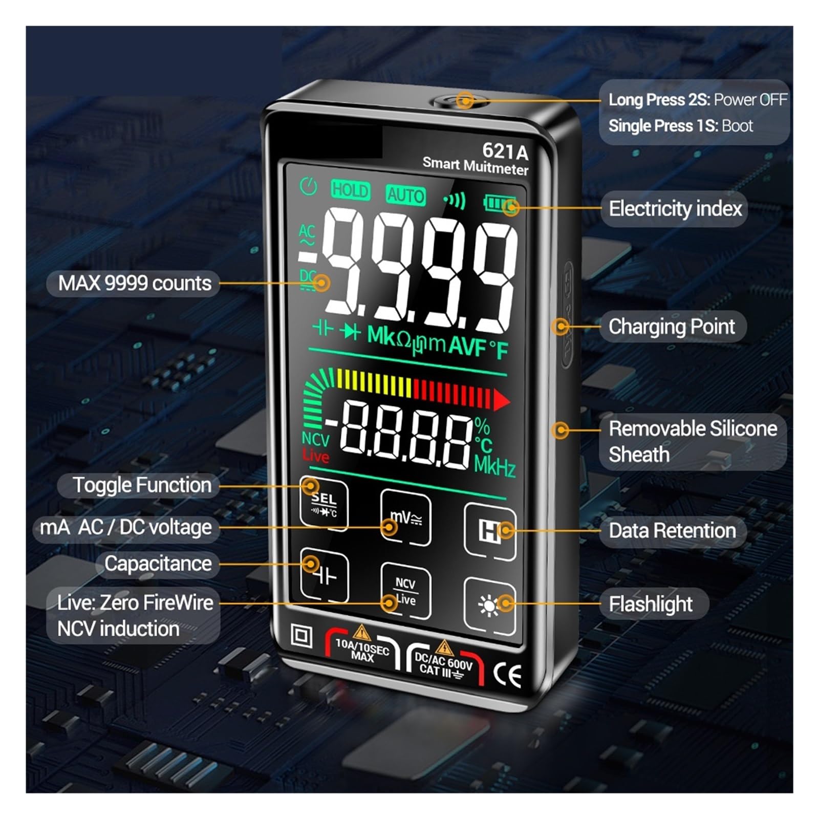 Comprobador MultíMetro Multímetro Digital Inteligente Pantalla Táctil Multímetro Probador Transistor 9999 Cuenta RMS Verdadero Rango Automático DC/AC 10A Medidor Precisión Seguro(621A Black sheath)