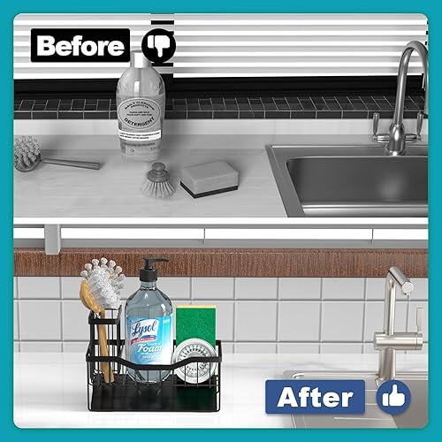 Miniatura 8 de Soporte de esponja multifuncional para fregadero de cocina con estante de cepillo alto, organizador de fregadero con bandeja de autodrenaje,