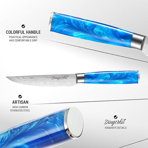 Miniatura 5 de Dingerkit Juego de 4 cuchillos para carne, cuchillos de carne dentados, cuchillos de carne de acero inoxidable con mango de madera de Pakkawood,