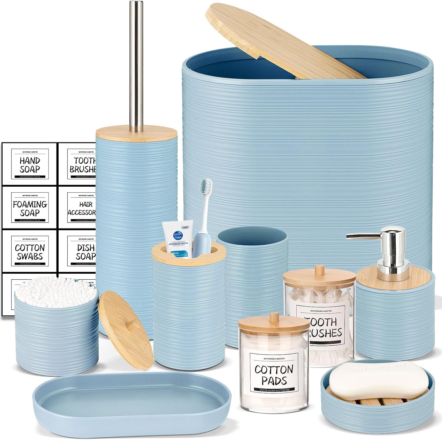 IMAVO Bathroom Accessory Set-11Pcs Blue Bathroom Accessories Set with Trash Can,Soap Dispenser,Soap Dish,Toothbrush Holder,Toothbrush Cup,Toilet Brush Holder,Qtip Holder Dispenser with Labels IMAVO Bathroom Accessory Set-11Pcs Blue Bathroom Accessories Set with Trash Can,Soap Dispenser,Soap Dish,Toothbrush Holder,Toothbrush Cup,Toilet Brush Holder,Qtip Holder Dispenser with Labels