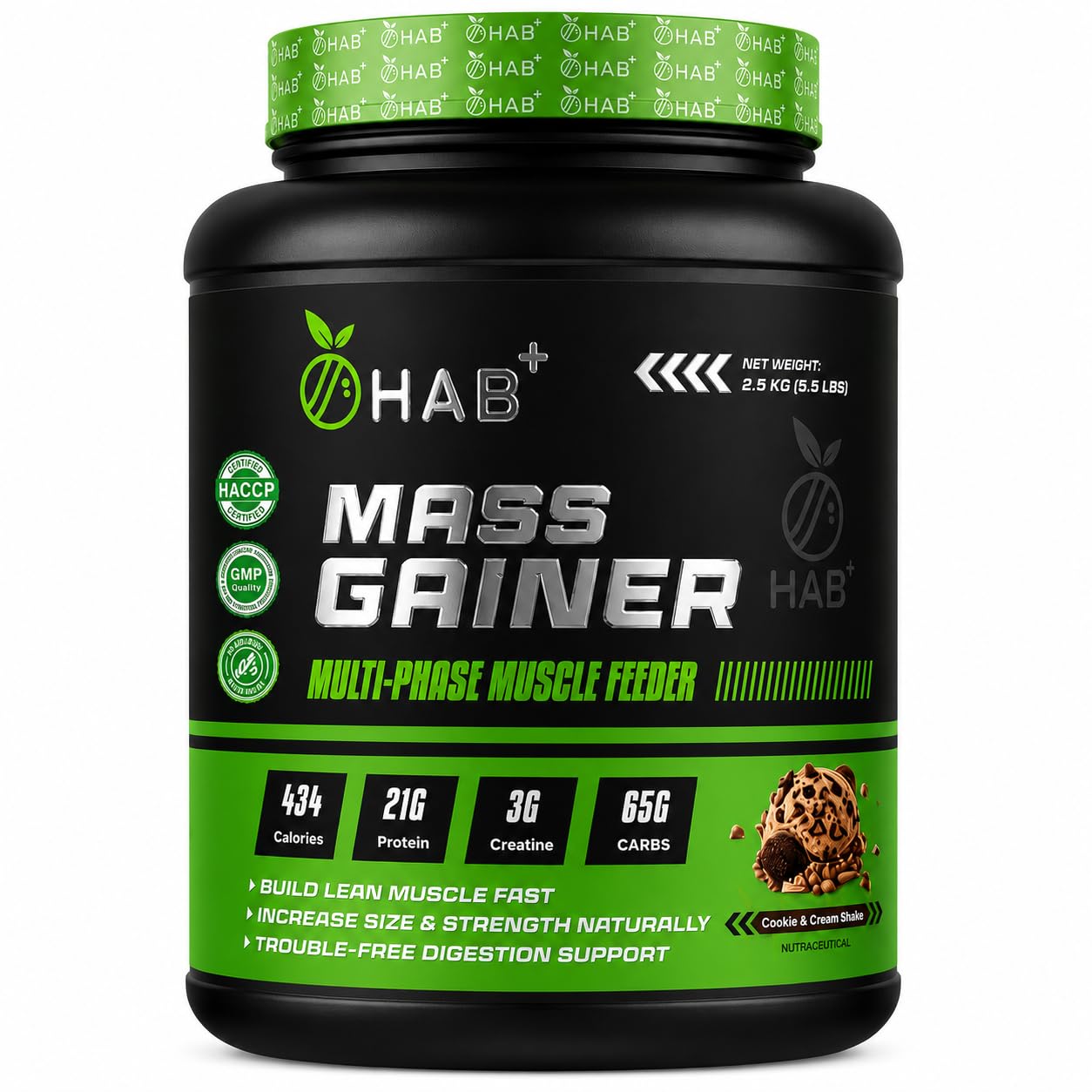 Hab Plus Mass Gainer Powder 2.5 kg | Cookie & Cream Shake | 21g Protein | 65g Carbs | 3g Creatine | High Calorie Weight Gain Supplement-image-39