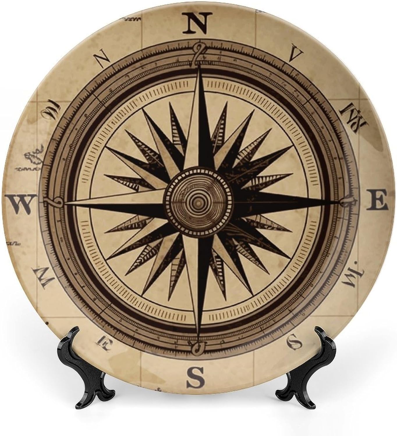 Compass Wind Road Map Bone China Decorative Plate with Display Stand, Ceramic Ornaments Plate for Wall Hanging, Personalized Porcelain Plates for Office, Living Room 8inch