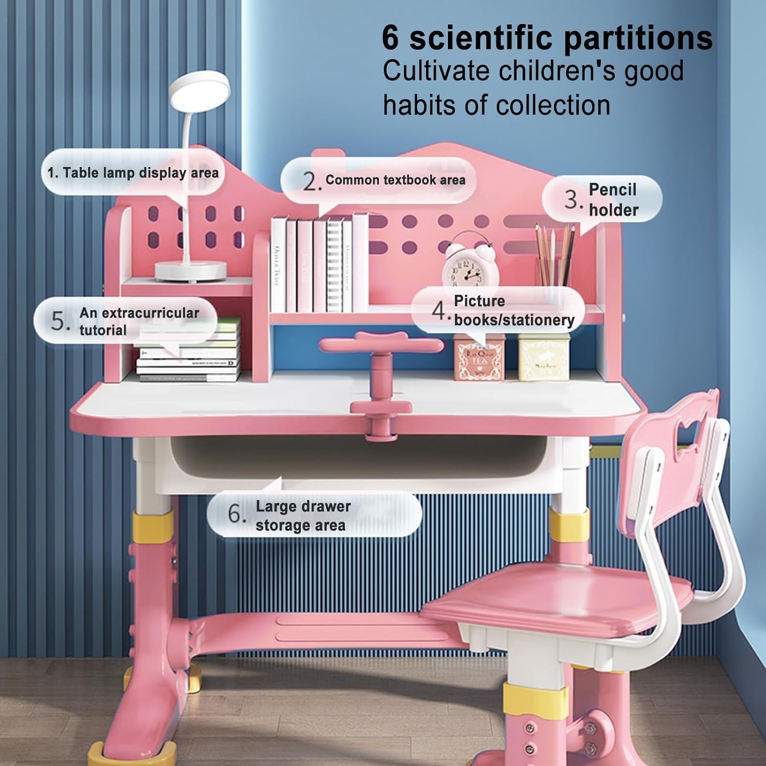 LEAQU Kids Desk and Chair Set, Study Table and Chair, Desk for Kids, Children's Desks with Golden Distance Design, Homeschooling Writing Desk with Desktop for Boys and Girls (Pink 4)