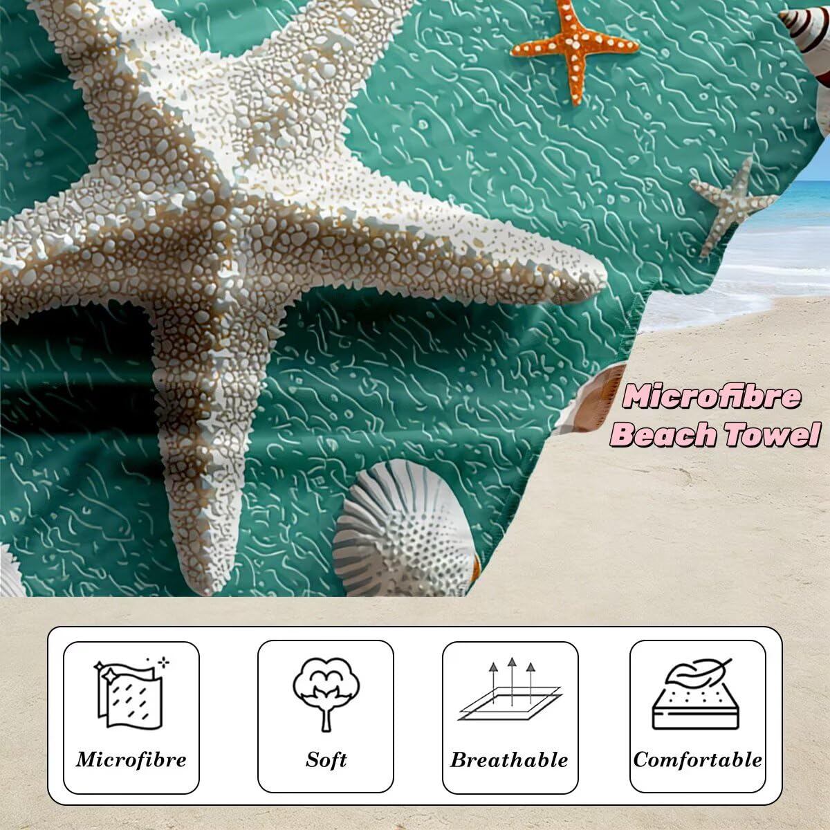 Juego de 2 Toalla Playa Grande 80x160 cm, Secado Rapido Toalla Microfibra Gimnasio, Antiarena Toallas de Playa Estrella de mar, Grande Ligera Compacta Toallas Microfibra Mujer Hombre para Viaje -4870