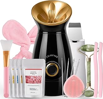 Facial Steamer Nano Ionic: Face Steamer Home Spa Kit Deep Cleaning Unclogs Pores Sinuses Inhaler with 8 Skin Care Tools - Relaxing Self Care Skincare Beauty Gifts for Women (Black Gold)