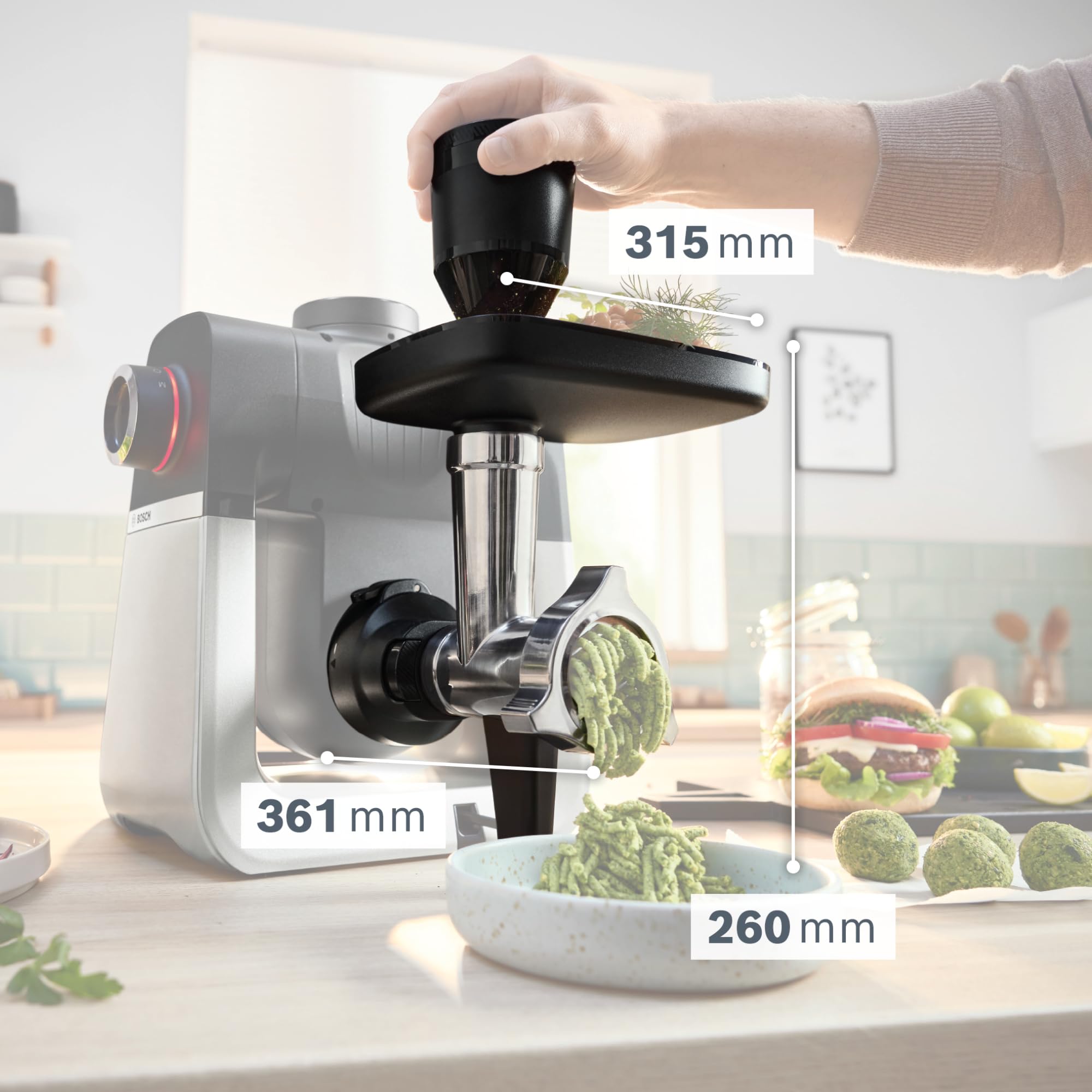 Bosch Zubehör-Set MUZS6HA, passend für Küchenmaschine Serie 6, Fleischwolf, Lochscheibe 8 mm, Lochscheibe 3 mm, Wurstfüller-Aufsatz, Kebbe-Aufsatz, Adapter