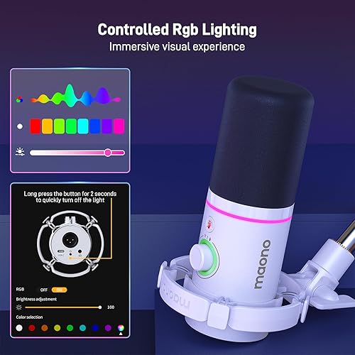 Miniatura 7 de MAONO Kit de micrófono dinámico XLRUSB, micrófono de podcast RGB con software, silencio, perilla de ganancia, control de volumen, brazo de brazo