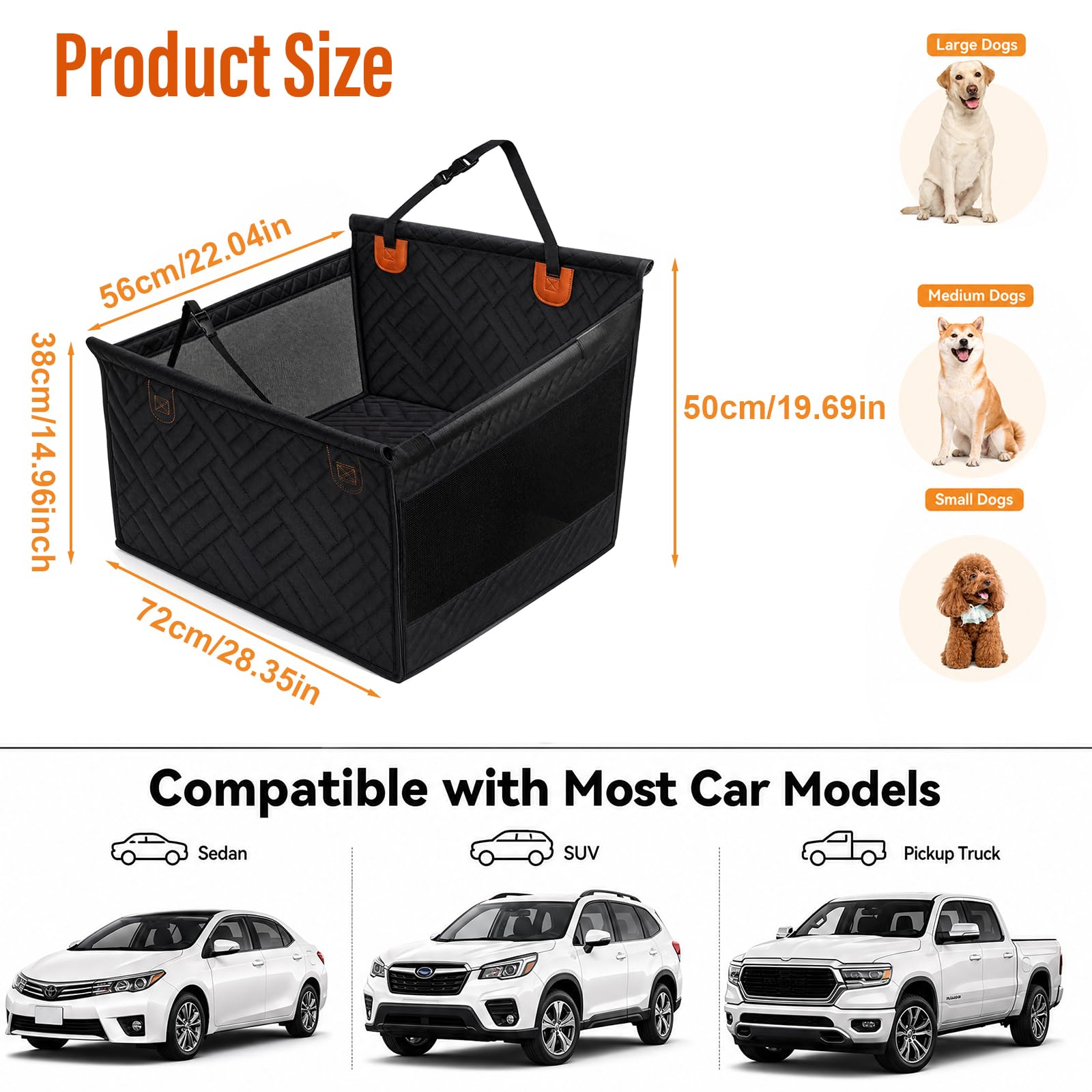 Hundesitz Auto für mittelgroße & große Hunde, wasserdichter Rücksitzverlängerer mit Hartboden, Sicherheitsleine & Mesh-Fenster, Tasche – für Auto SUV Truck, 72x56x50cm