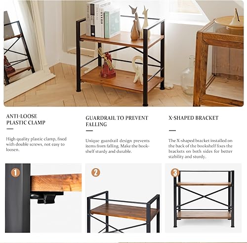 Miniatura 5 de Crofy Estantería rústica, estantería de madera real de 2 niveles, estante de metal para almacenamiento, estantería negra, 12.6 pulgadas de