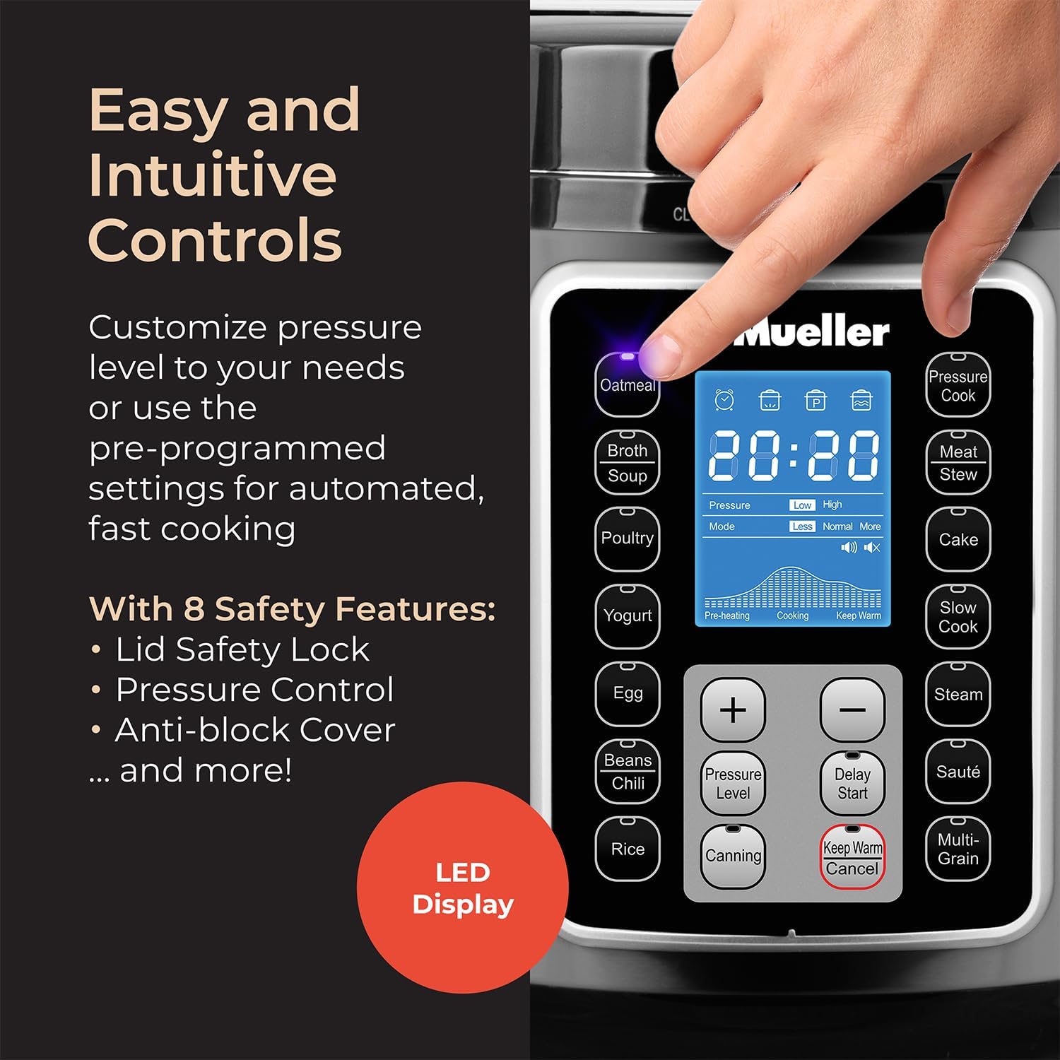 Mueller 6 Quart Pressure Cooker 10 in 1, Cook 2 Dishes at Once, Tempered Glass Lid incl, Saute, Slow Cooker, Rice Cooker, Yogurt Maker and Much More