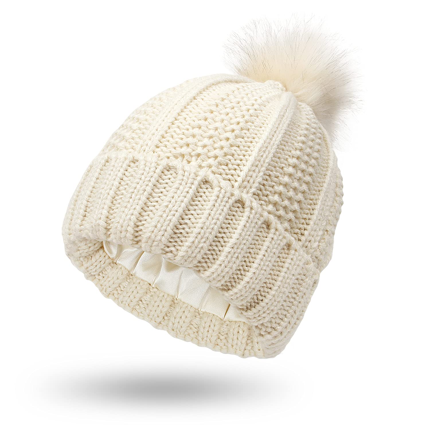 Women Knitted Beanie with Satin Lining Pom Pom Winter Warm Cap Bobble Hat (Beige)