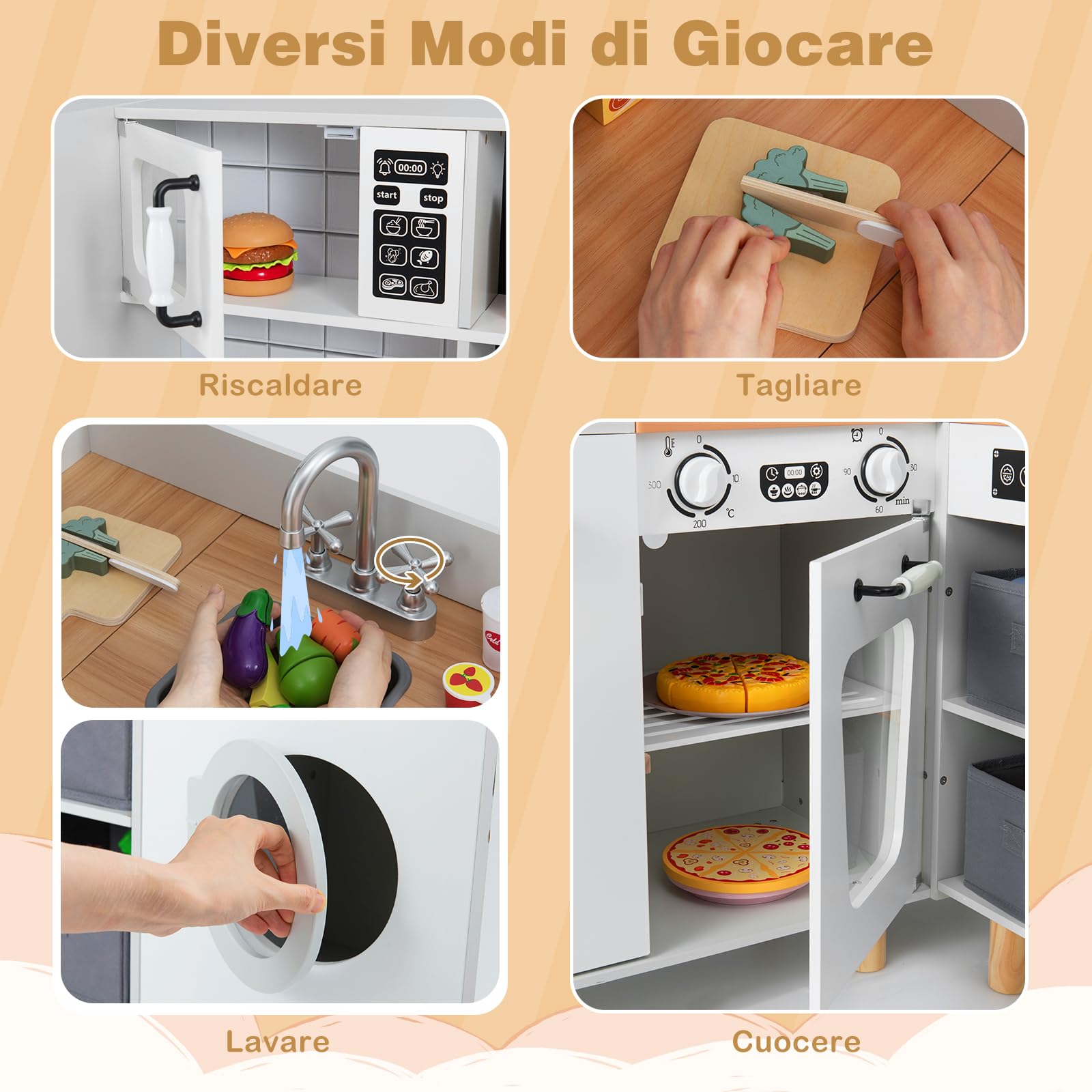 COSTWAY Cucina Giocattolo per Bambini, Cucina da Gioco ad Angolo con Fornelli, Frigorifero, Macchina da Caffè, Microonde, Lavatrice e Accessori, con Suoni e Luci per Bambini 3+ Anni (Bianco)