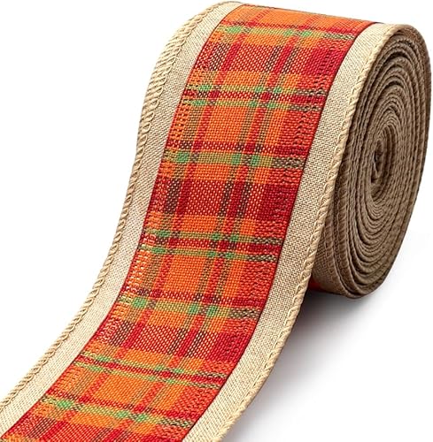 Cintas de otoño para manualidades, cinta de borde con alambre de Acción de Gracias, cinta de lana cuadriculada naranja, cinta de arpillera de otoño