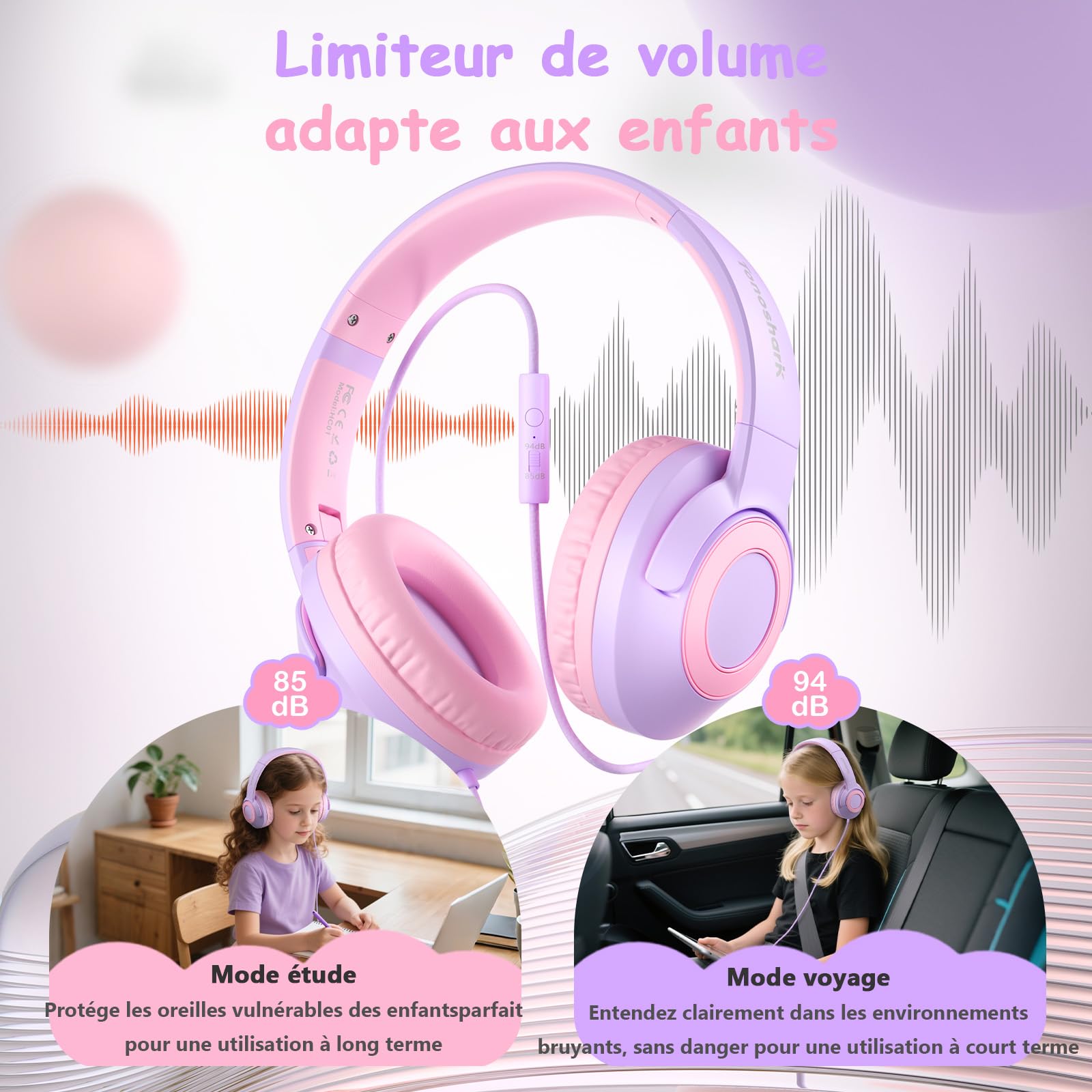TONOSHARK Casque Audio Enfant Filaire avec Microphone, Volume Limité à 85/94 DB, Casque Prise Jack Enfant, Ecouteurs Filaire, Pliable, pour Ecole/Maison/Voyage – étui Inclus (Violette)
