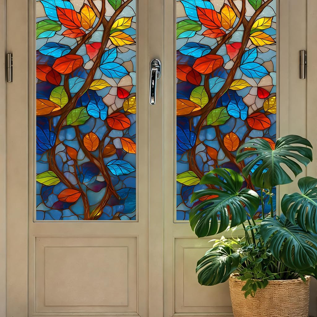 17.5x78.7in Stained Glass Window Film – Large Colorful Leaf Decorative Window Sticker, Static Cling Privacy Film for Home, Bathroom, Office, Translucent Reusable PVC Window Decal(Colorful Leaves)