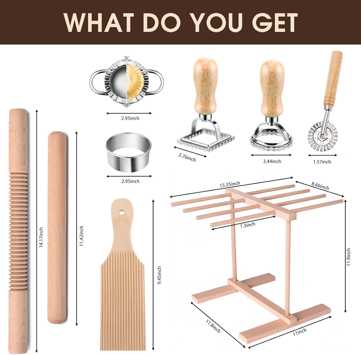 Juego de herramientas para hacer pasta, kit de 9 piezas de madera para hacer pasta con estante de secado, rodillo, tabla de ñoquis, accesorios de cortador de raviolis, cortador de sellos