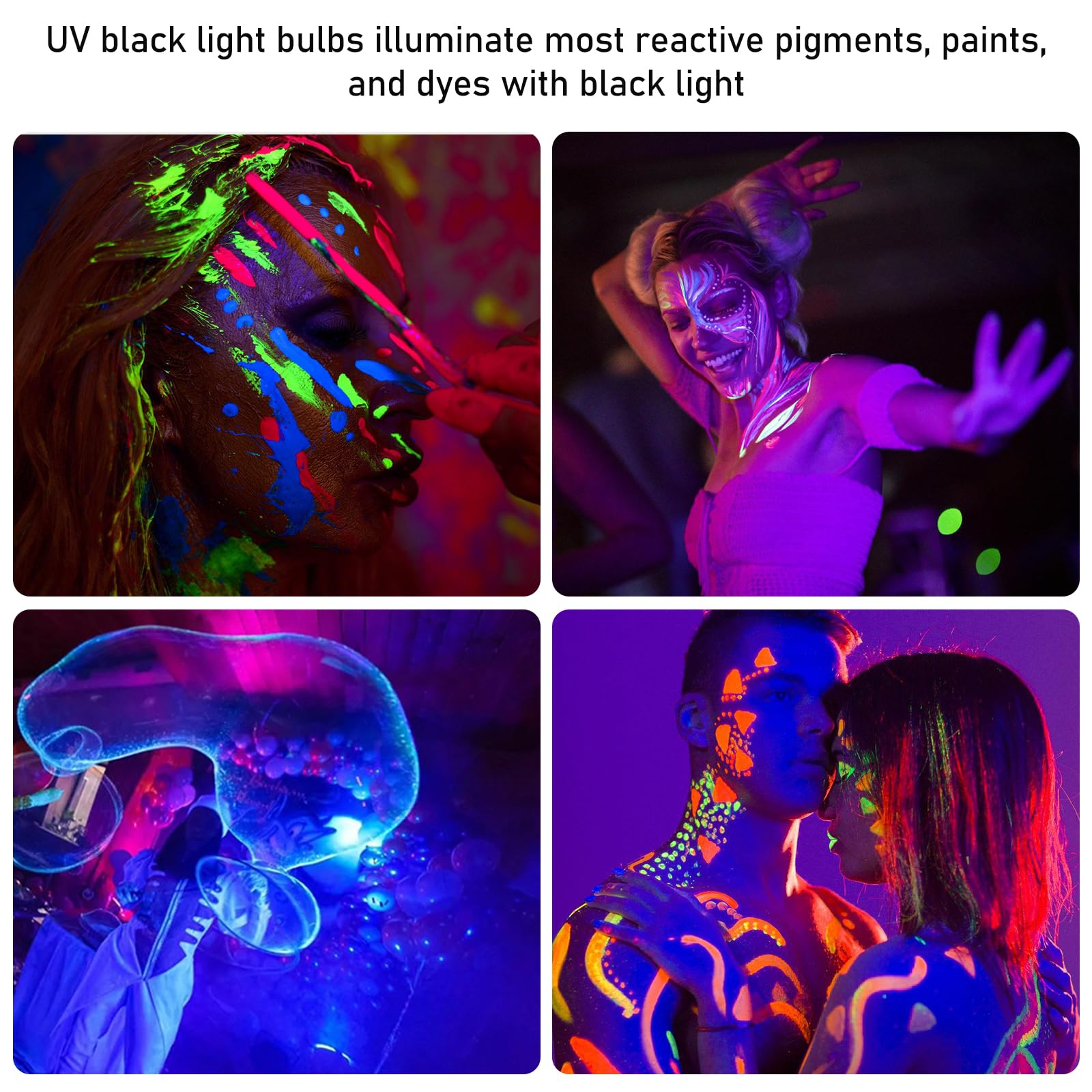 BORDEAG Żarówka UV LED, zestaw 4 żarówek E27 o mocy 9 W, lampa ultrafioletowa LED, fioletowa lampa ultrafioletowa UV-A, czarna żarówka UV, na festiwale, imprezy, bary