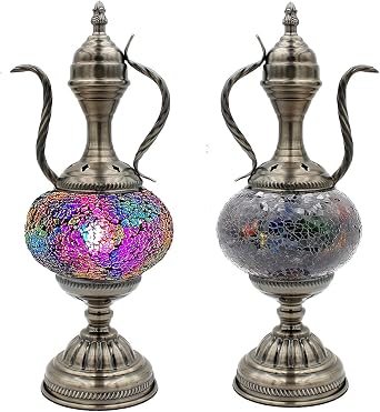 SILVERFEVER Mosaic Turkish Teapot Lamp Moroccan Glass for Table Desk Bedside Bronze Base Bundle with E12 Light Bulb (Golden Purple)