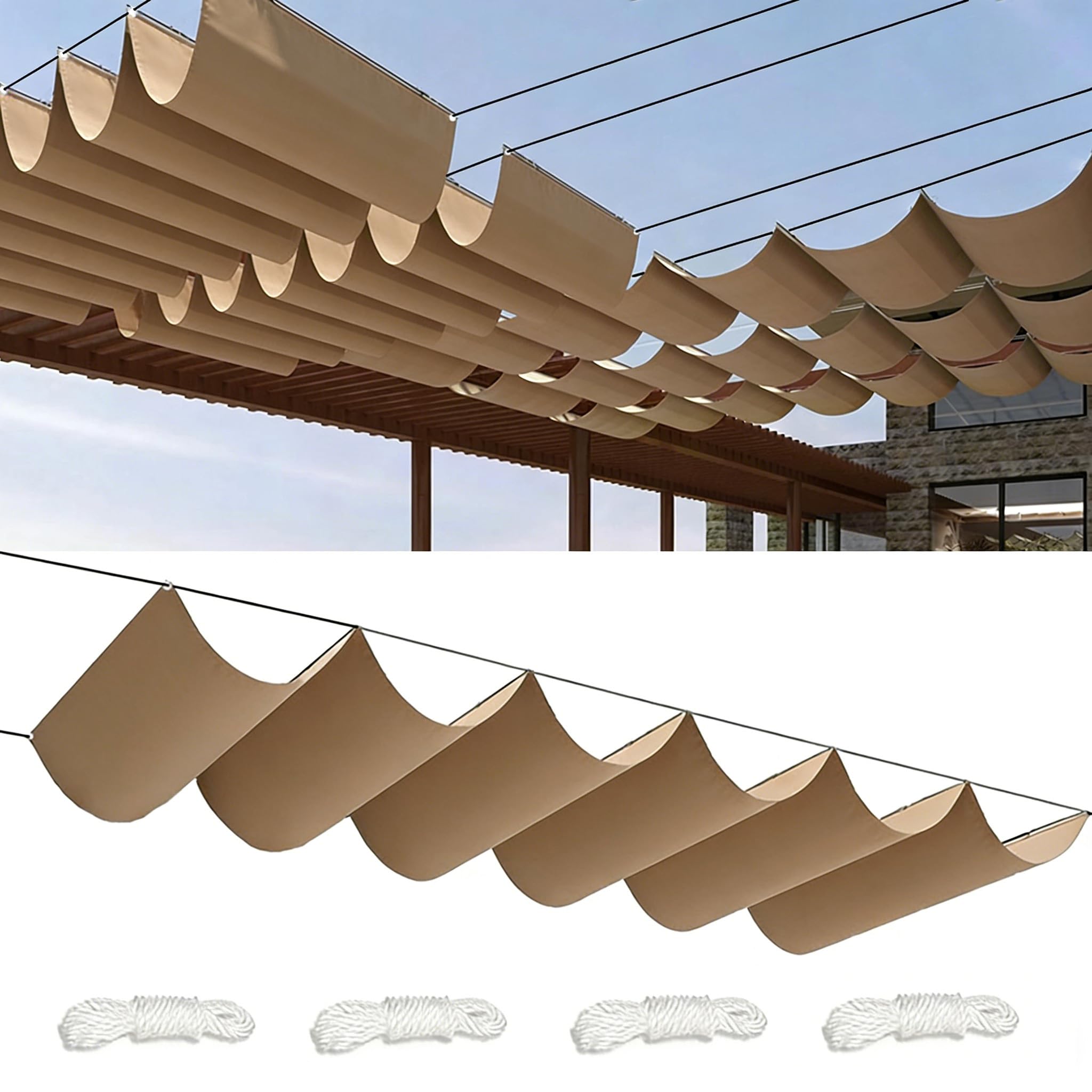 Sun Shade Sail Retractable Wave 1.4x9M Waterproof Rectangle Shade Cloth Waterproof Outdoor Garden Patio Sunscreen Awning Canopy 95% UV Block with Rope for Outdoors Garden Patio Khaki