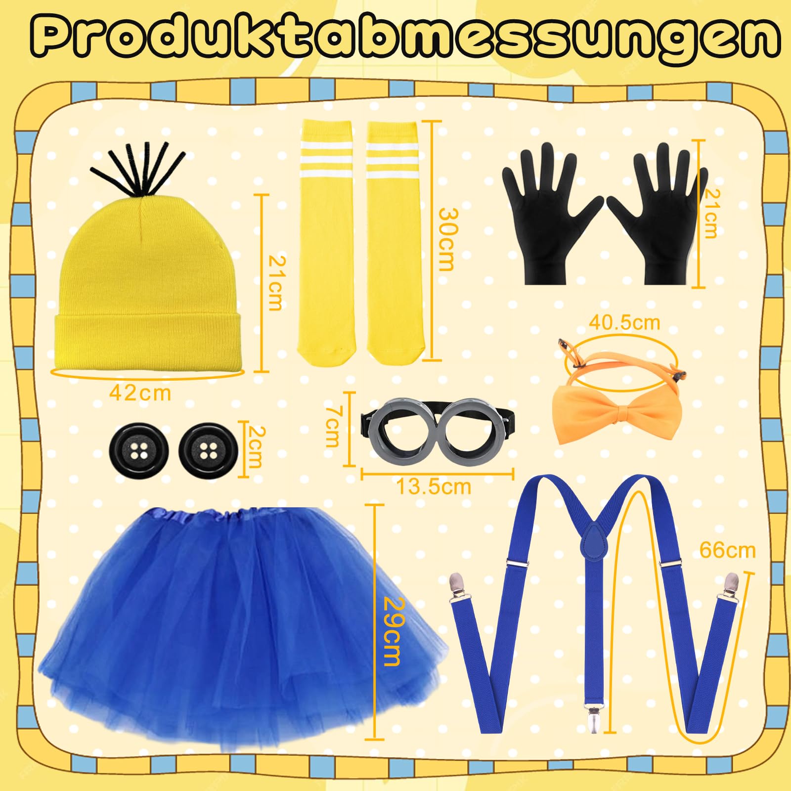 YAEGIMHT Yellow Costume Set for Children, Glasses, Gloves, Adjustable Straps, Yellow Hat, Bow Tie, Socks, Buttons - Image 2