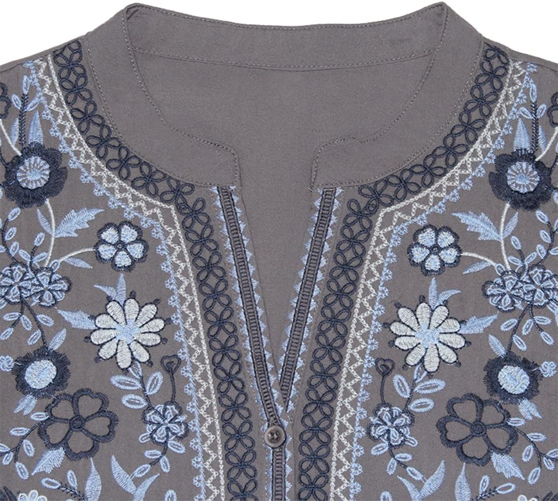 AK Embroidered Tops for Women 3/4 Sleeve Bohemian Mexican Floral Peasant Shirts Loose Tunic Blouses - Image 3