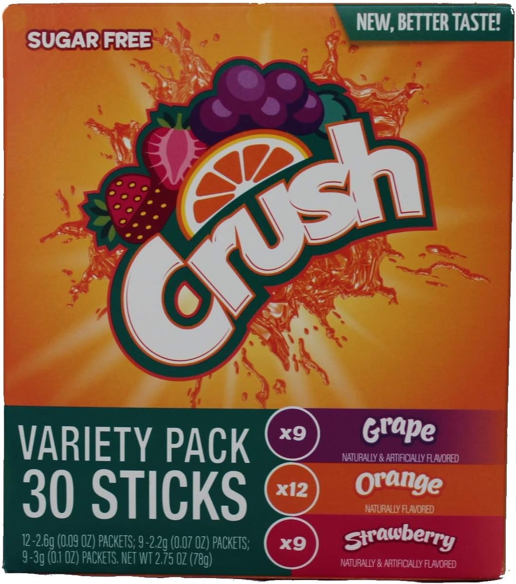 Crush Singles Grape, Orange, Strawberry To Go Sugar Free Drink Mix Variety Pack 2.75 oz Pack of 30 Sticks
