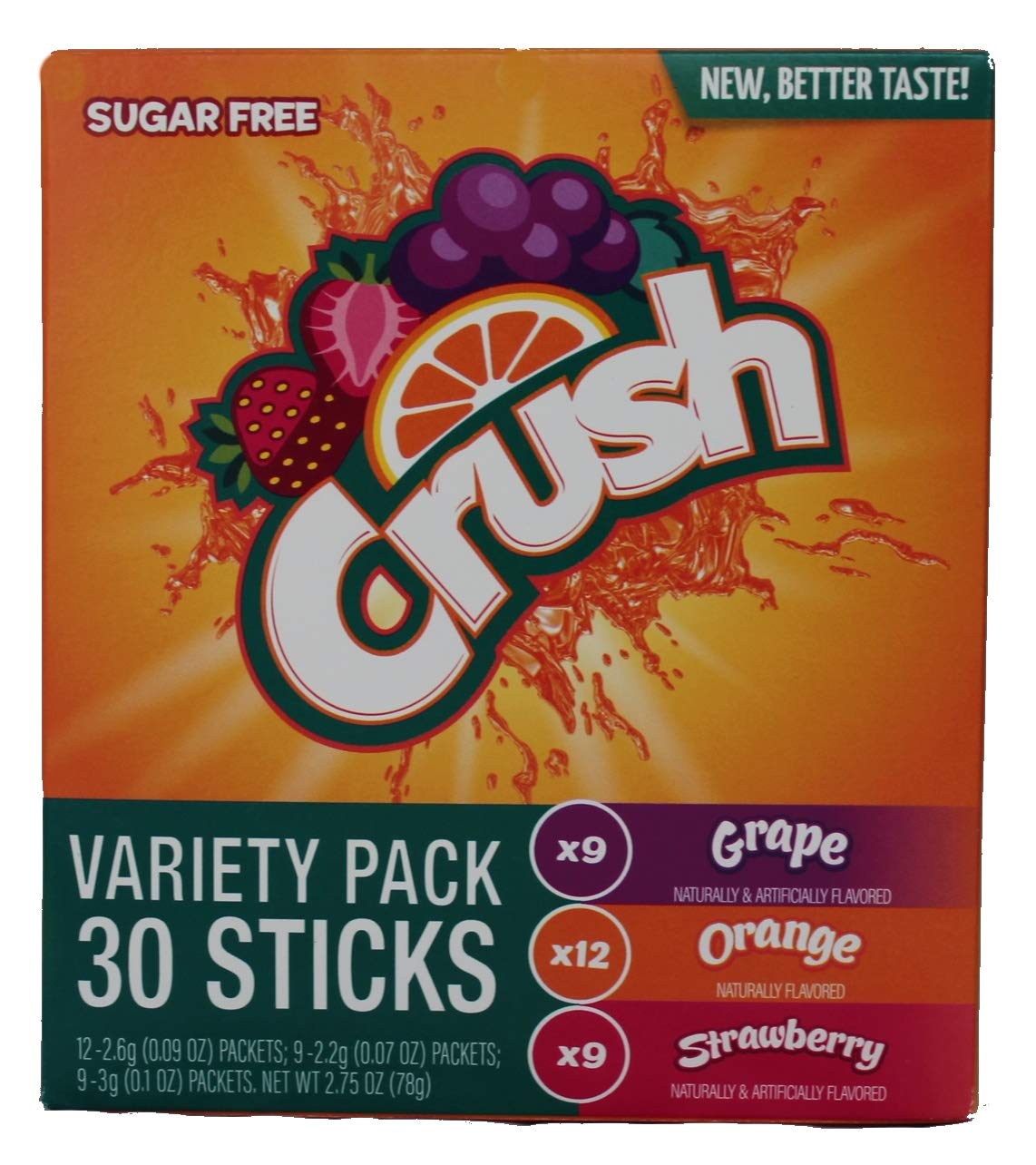 Crush Singles Grape, Orange, Strawberry To Go Sugar Free Drink Mix Variety Pack 2.75 oz Pack of 60 Sticks