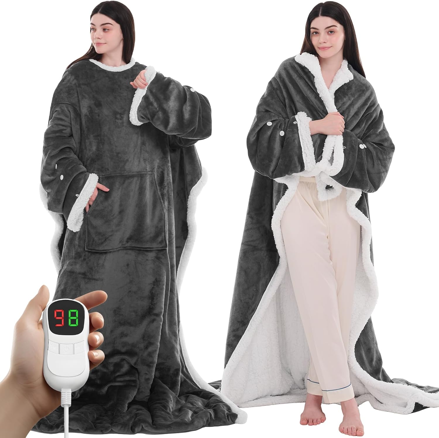 Heated Electric Blanket Shawl: Heating Throw Heated Poncho - Wearable Blanket Hoodie Wrap Sherpa with 10 Heat Levels & Multi Heating Time Settings (50x75'' Grey)