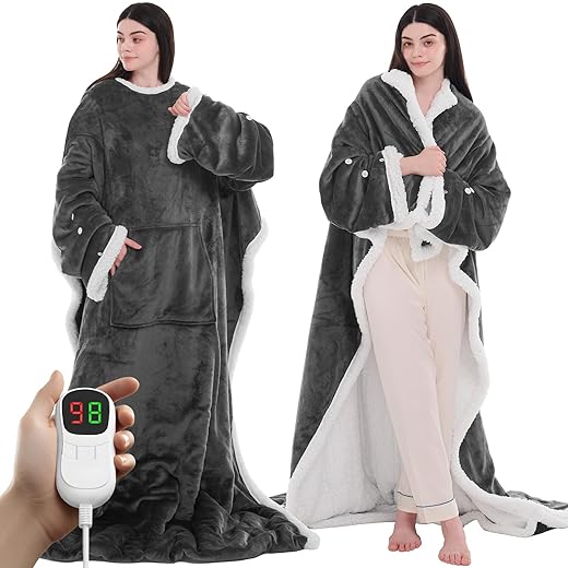 PLOATH Heated Blanket Electric Wearable - Heating Throw Blanket with 10 Heating Levels - Heated Hoodie Blanket with Foot Pockets and Sleeves Hood Giftable for Women (50x70'' Grey)