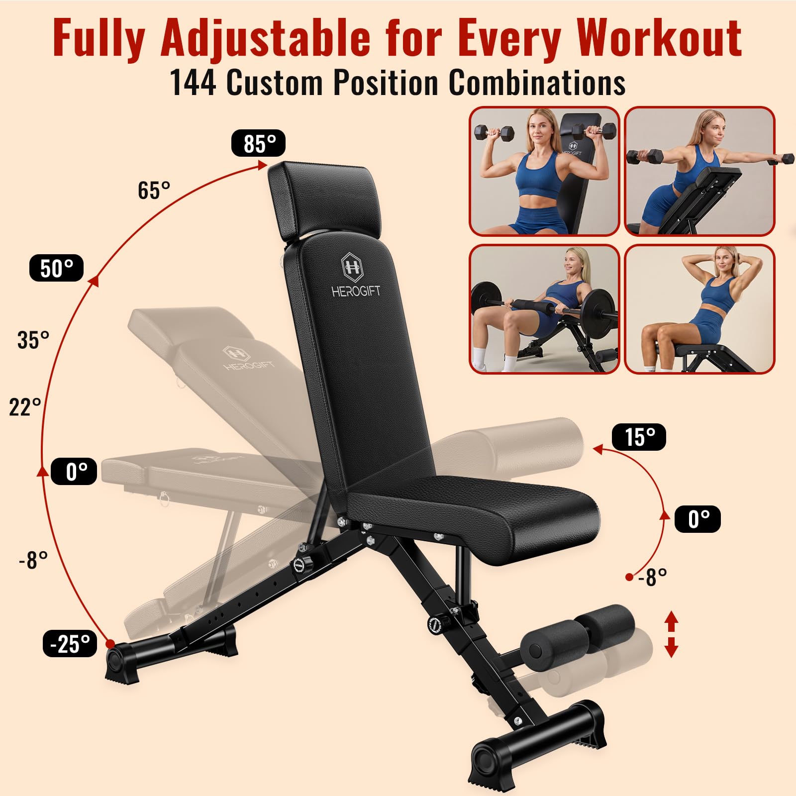 Adjustable Weight Bench, 144 Configurations with 3-Position Headrest, Foldable Workout Bench with Extended Backrest, 600 LB Capacity for Home Gym Full Body Strength Training
