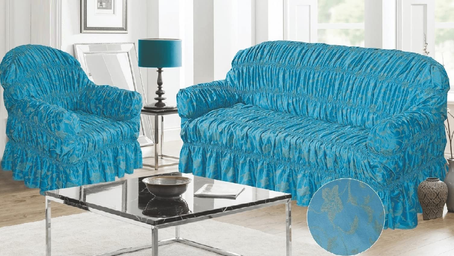 Jacquard Sofa Cover for 1, 2 & 3 Seater in/Alternate to Sofa Throw (Lily-Teal-Gold, 2 Seater)