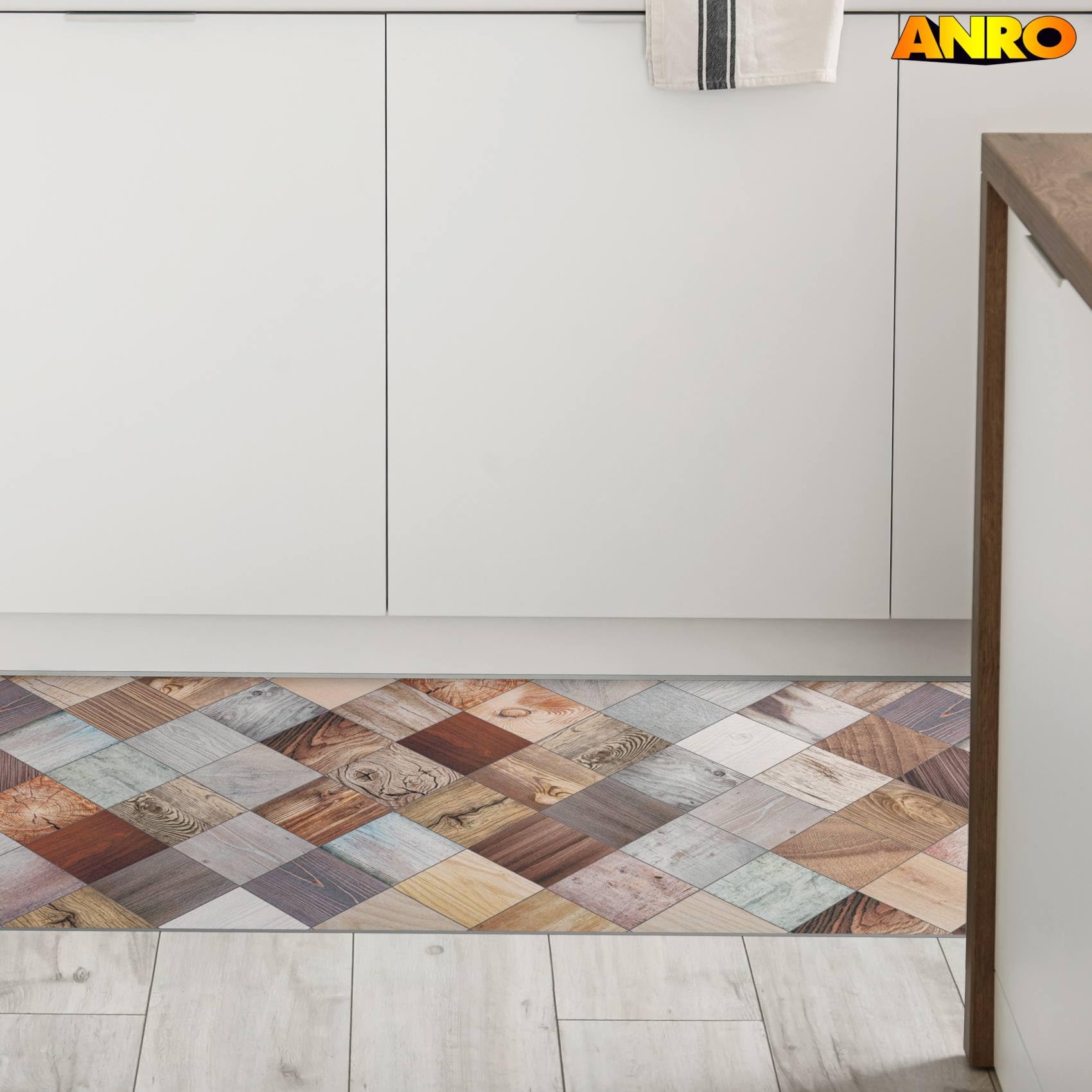 ANRO Küchenläufer Teppichläufer abwaschbar Läufer Flur rutschfest pflegeleicht Holz Patchwork 240 x 52 cm