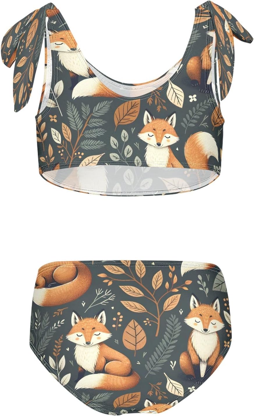 Girls' Bikini Set, Fox and Leaves Kids Swimsuit 2 Pcs Beach Bathing Suit