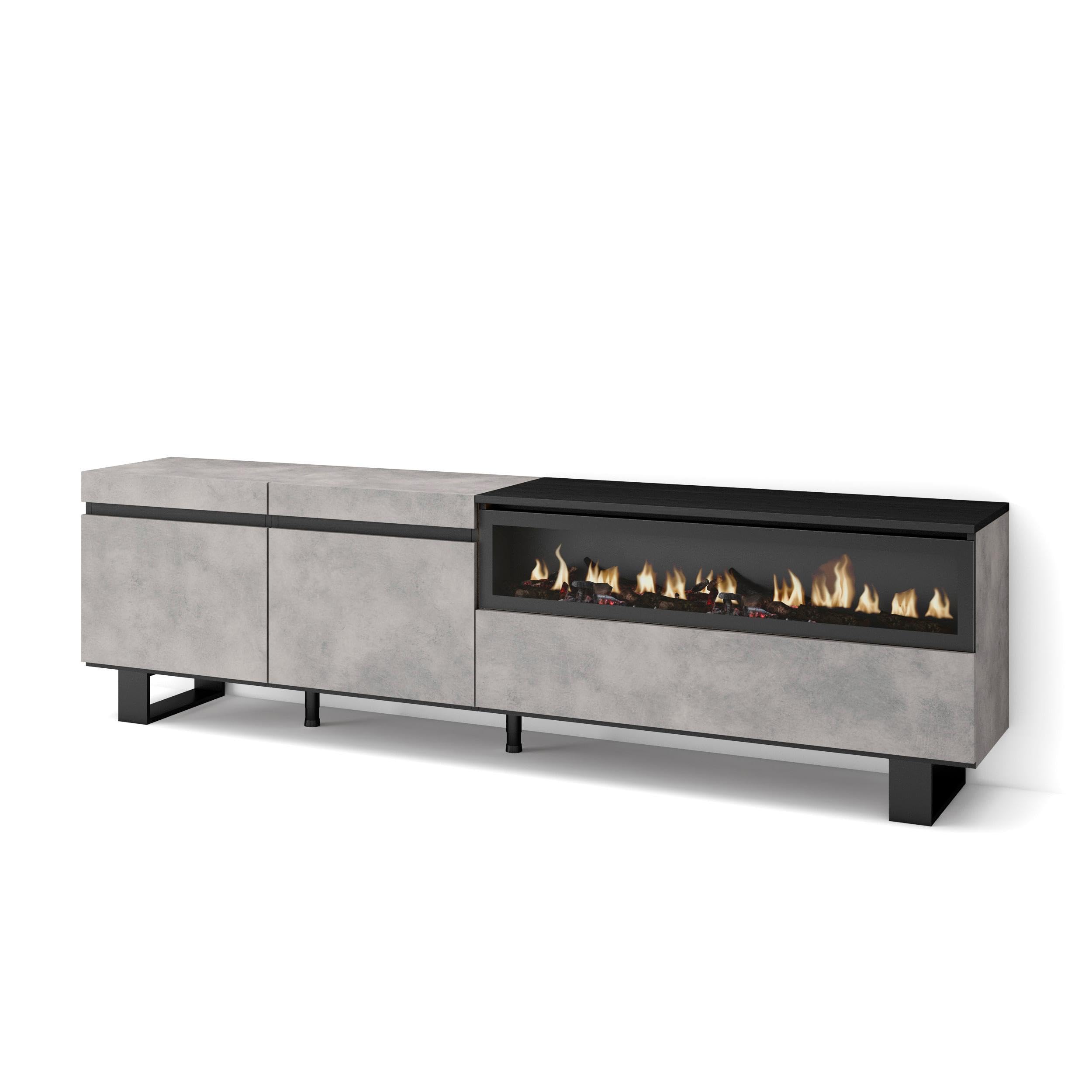 Meuble TV industriel 200x57x35cm grand banc télé ciment avec cheminée électrique