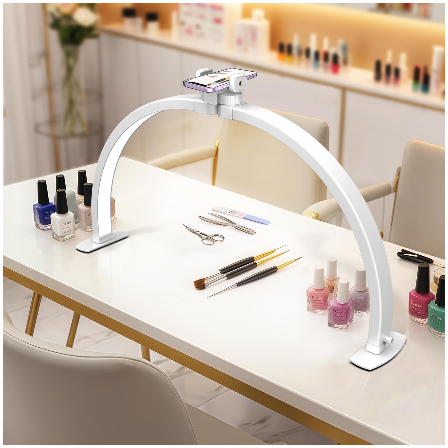 yAyusi Luz de Media Luna con Soporte para Teléfono Móvil, 74CM 35W Plegable Lámpara LED de Luna, 3 Modos, 10 Niveles de Brillo Ajustables, Adecuado para Belleza/Arte de Uñas/Tatuajes