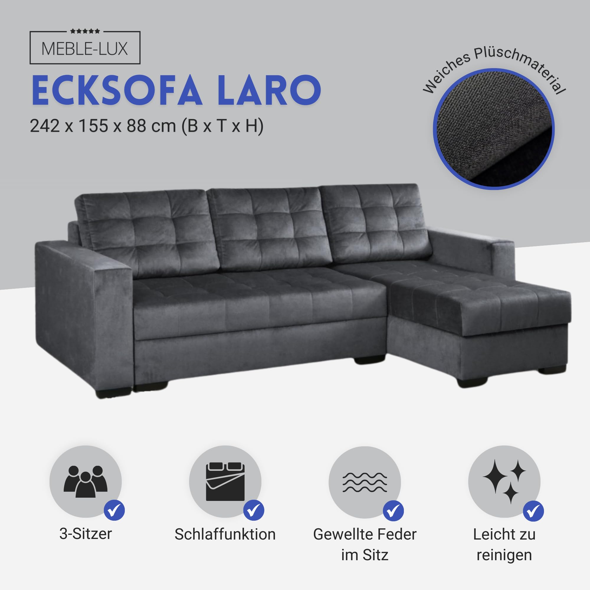 Universal Ecksofa mit Schlaffunktion und 2 Bettkasten LARO I 242cm Breit Sofa L Form I Eckcouch mit Schlaffunktion I Universal Ecke (Rechts oder Links) I Sofa Grau