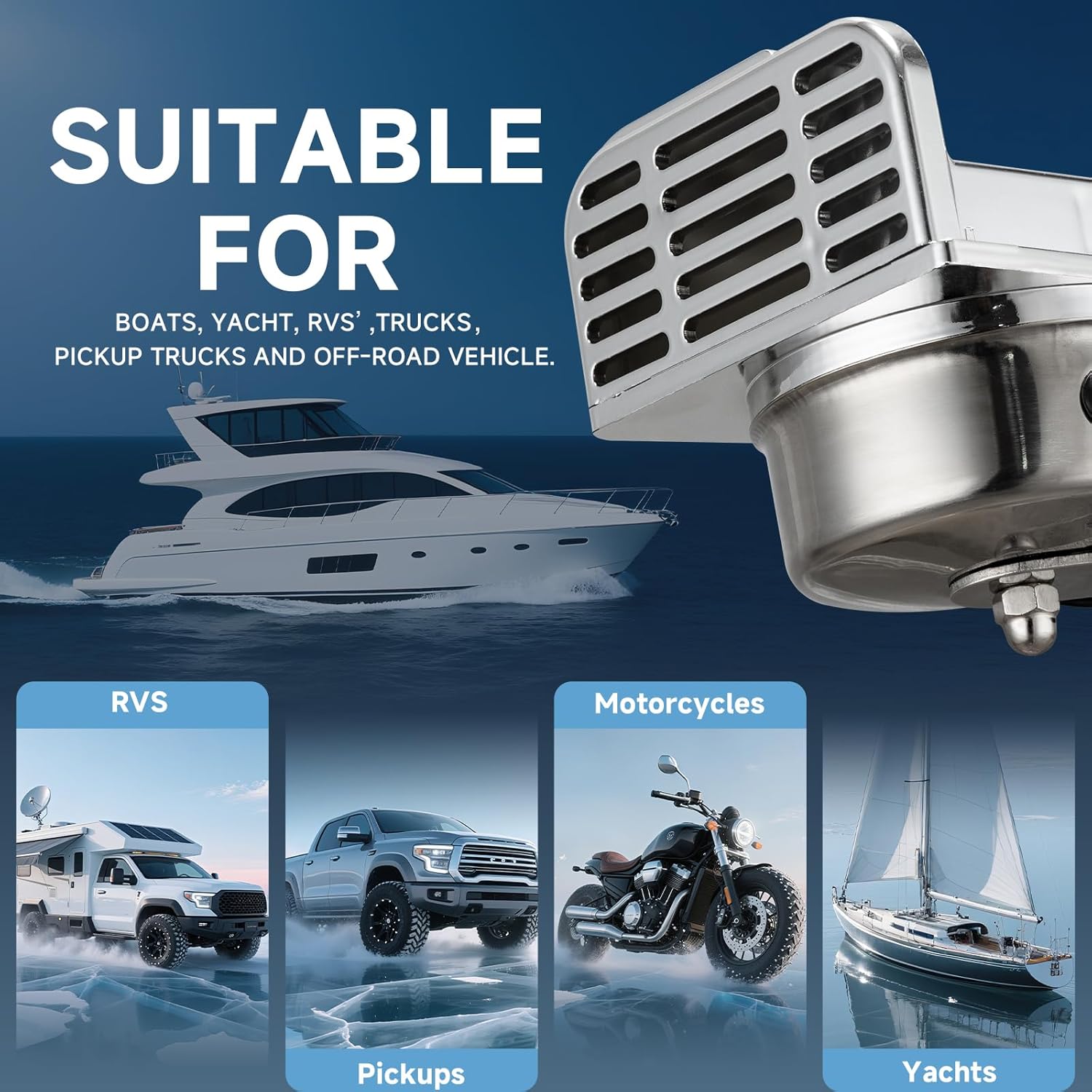 Stainless Steel Snail Horn, Waterproof 12v Electric Marine Horns for Boat, 130dB Super Loud Car Horn for Motorcycle/Golf Cart/ATV (510Hz/410Hz Dual Tones Silver Horns)