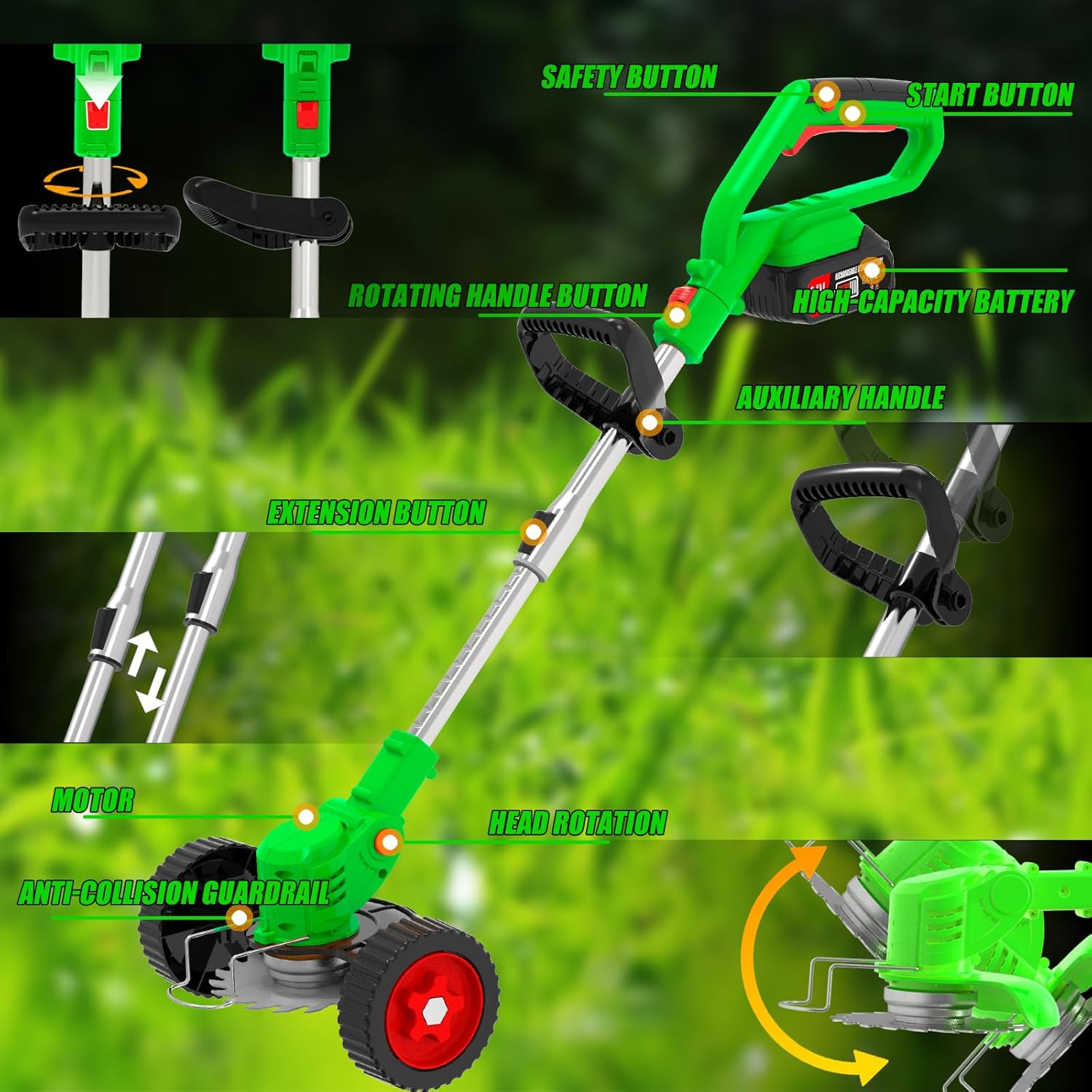 Cordless Electric Weed Wacker Eater 21V Battery Powered Stringless Weed Trimmer with 4 Types Blades & Wheels, 3-in-1 Grass Trimmer/Lawn Edger/Brush Cutter, Lightweight Garden Tool for Garden Yard