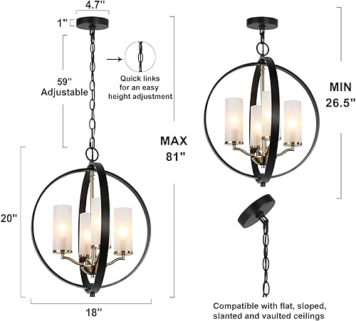 Miniatura 7 de Candelabros negros y dorados, lámpara moderna de mediados de siglo con vidrio esmerilado, 4 luces estilo rural para sala de estar, comedor,