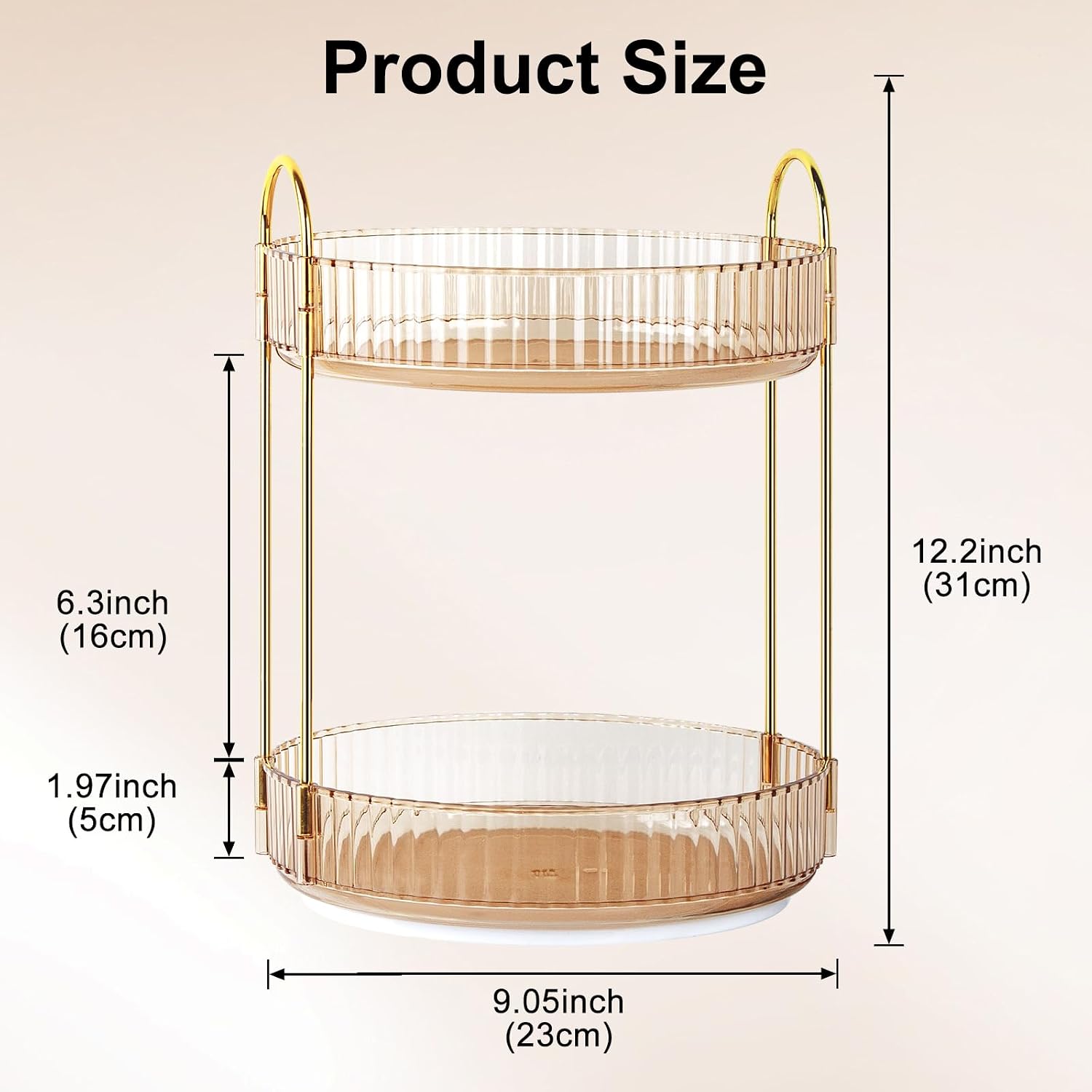 360 Rotating Makeup Organizer for Vanity, 2 Tier Perfume Skincare Organizers and Storage for Bathroom Countertop, Large Capacity Clear Spinning Counter Cosmetic Holder for Dresser, Amber Gold