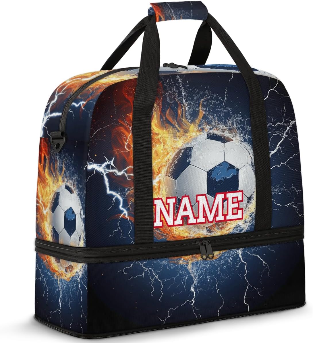 Custom Name Duffel Bag Lightning Fire Soccer Gym Bags for Women Men Travel Weekender Overnight Handbag with Shoe Compartment 45L