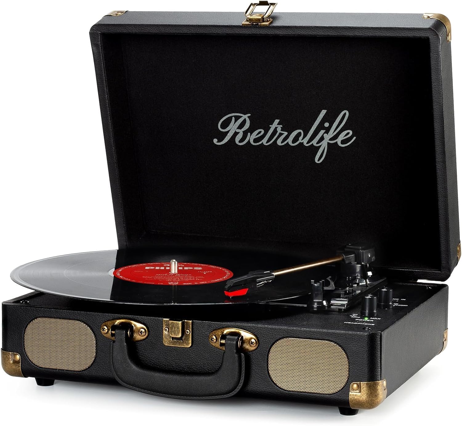 Retrolife Vinyl Record Player 3-Speed Bluetooth Suitcase Portable Belt-Driven Record Player with Built-in Speakers RCA Line Out AUX in Headphone Jack Vintage Turntable,Black