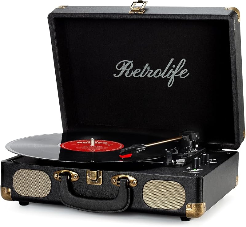 Vinyl Record Player with Speakers, Bluetooth Vinyl Player-Black | Portable, 3-Speed BT Turntable, Belt-Driven, RCA Line Out & Headphone Jack, Auto Stop, Plays 7/10/12" Records, 33/45/78 RPM