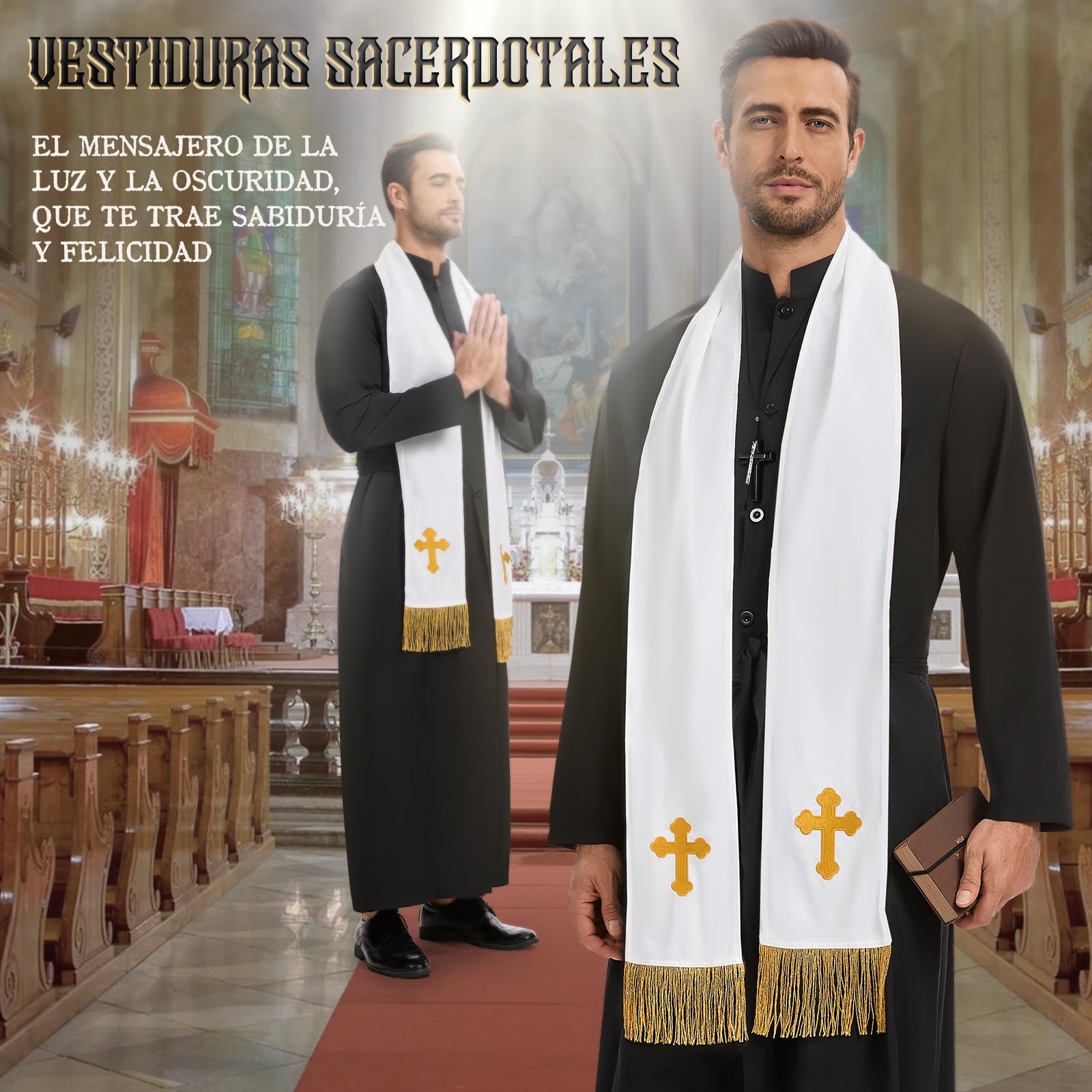 BuzzoXerex Disfraz Cura Hombre, Disfraz Halloween Hombre Adulto, Disfraz de Cura Hombre con Estola, Cadena con Cruz, Cinturón y Caja para Guardar la Biblia para Halloween Carnaval Cosplay