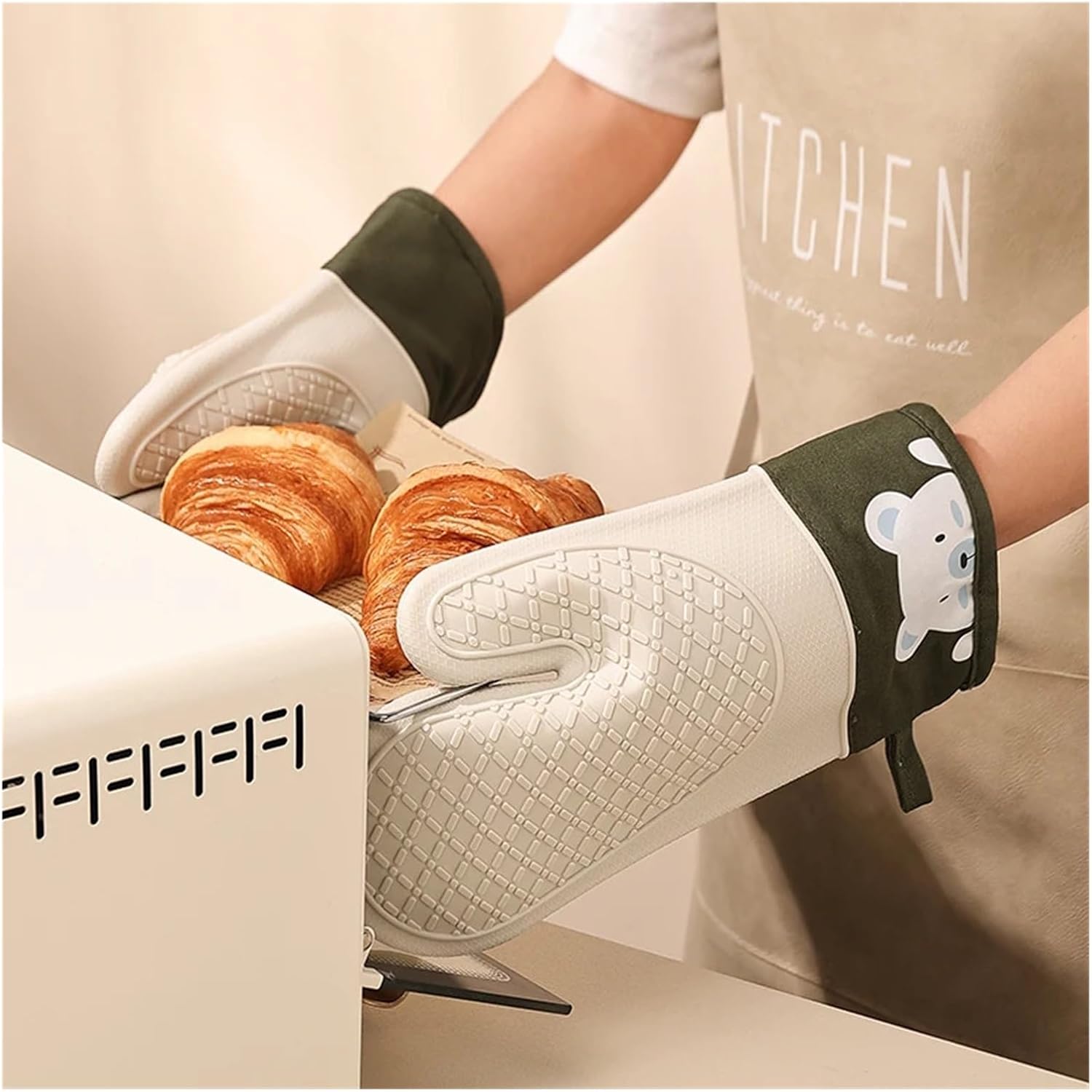 2Pcs Cute Printed Oven Silicone Gloves Anti-Scald Microwave Gloves Heat Resistant Kitchen Baking Pans Baking Tools(2Pcs Grey 2)