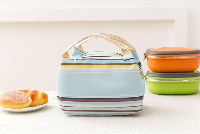 Vinsani Insulated Striped Canvas Thermal Lunch Bag Reusable Portable Cooler Bag Lightweight Convenient Foldable for Work School Picnic Office Adults & Kids Striped Light Blue