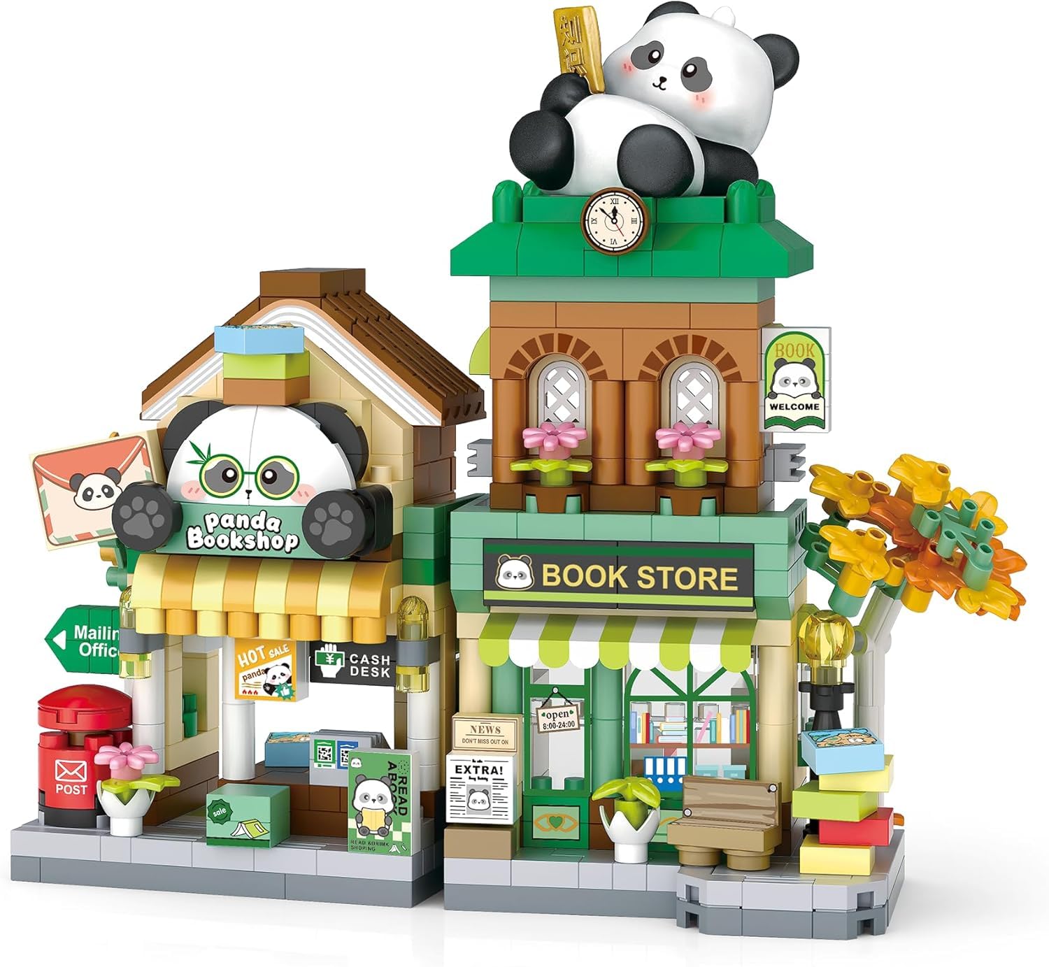 Kawaii Panda Bookstore Mini Building Blocks Set, 560+ PCS Cute City Street View Architecture Model Kit for Teens & Adults 14+ | Collectible Home Décor Toy with 1 Year Manufacturing Warranty-image-10