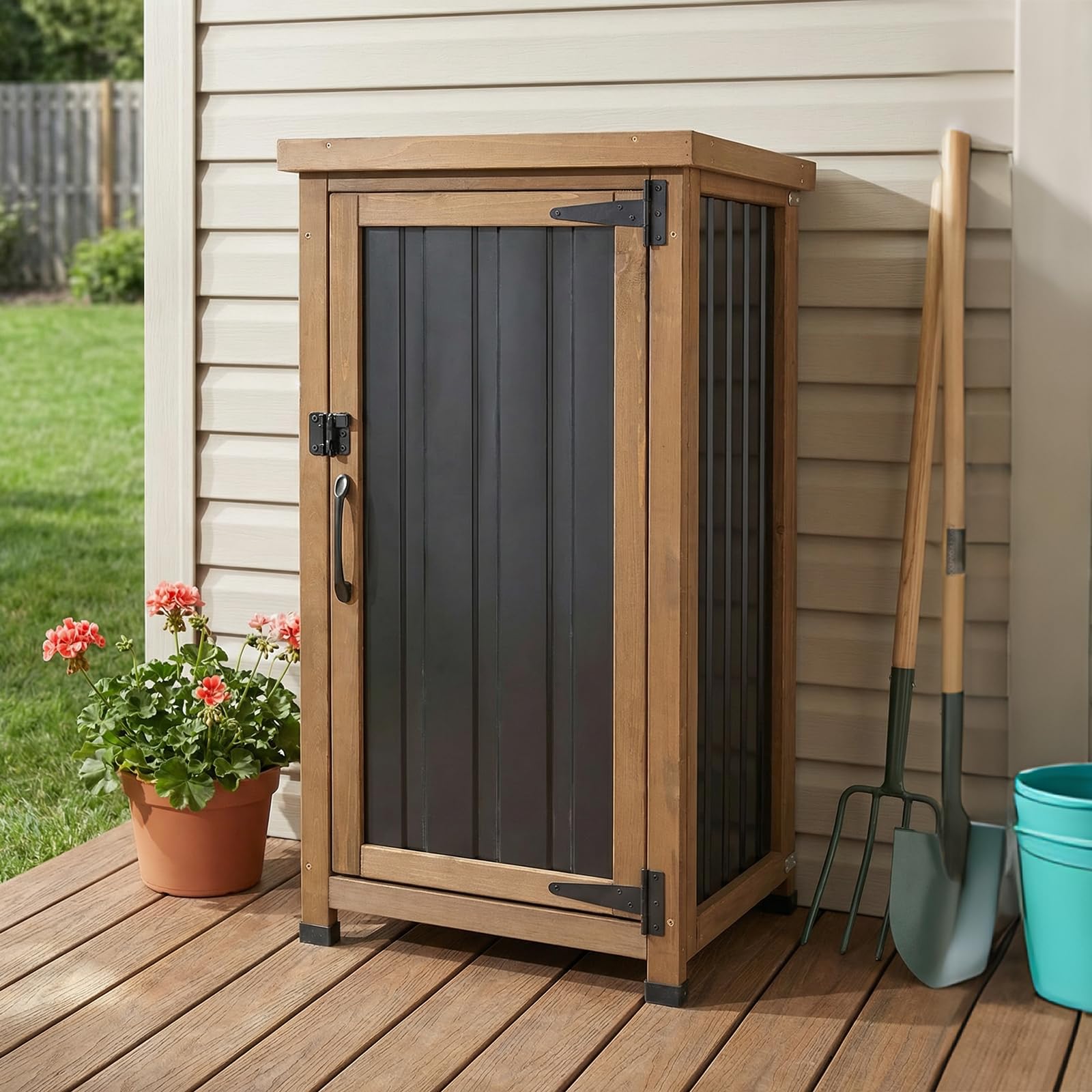 PetsCosset Small Outdoor Storage Cabinet Waterproof with Metal Top, Wood &amp; Metal Outside Potting Bench Table Tool Organizer with Adjustable Shelf for Patio Backyard Garden